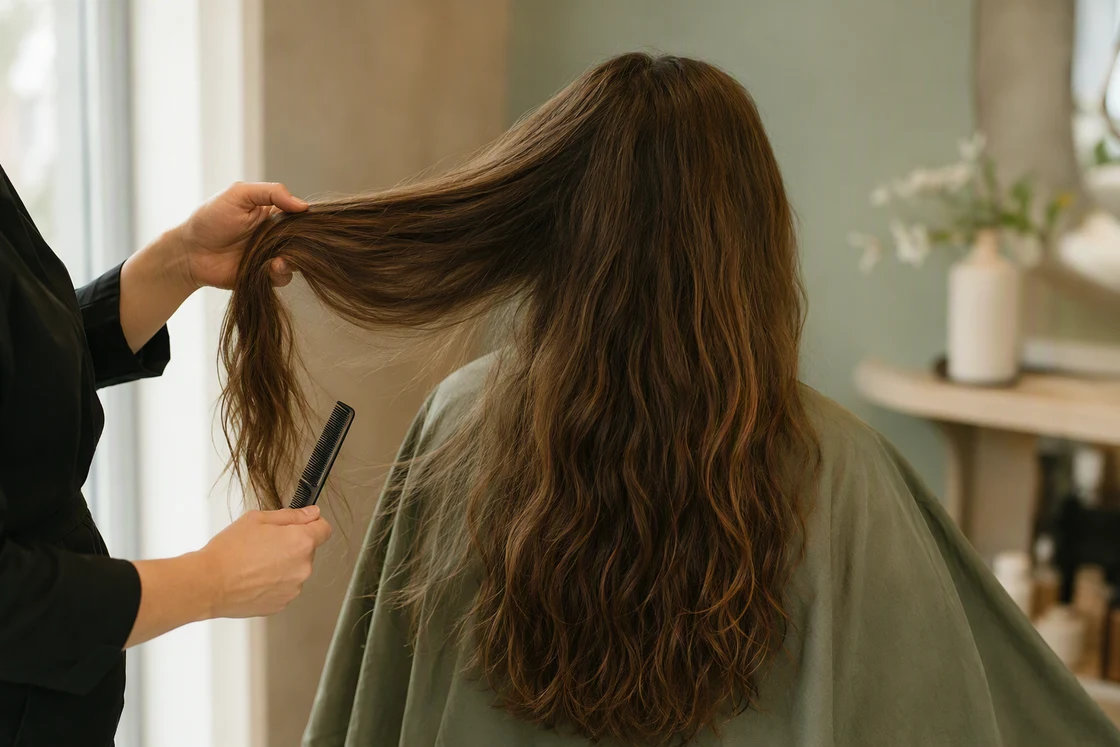 Stylist's hands lifting sections of long wavy brown hair during a salon consultation, seen from behind