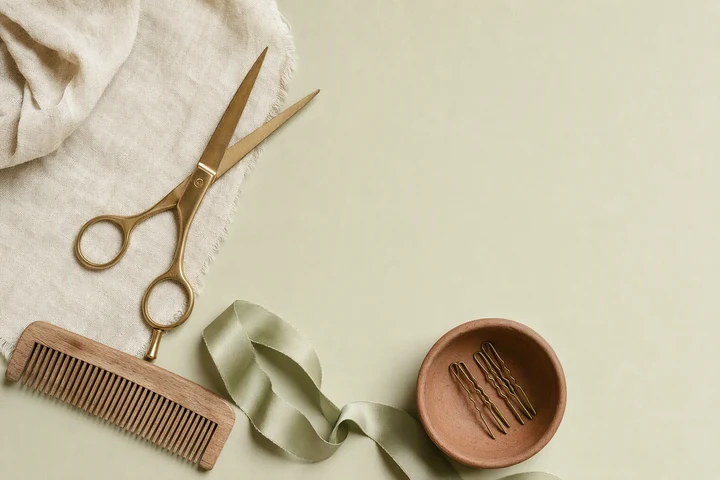 Flat lay of shears, comb, silk ribbon and hairpins on warm sage paper