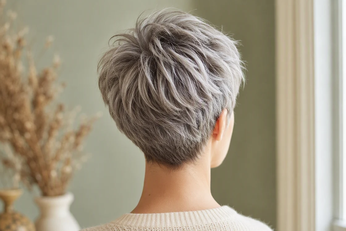 Short textured silver-gray crop seen from behind, with a dense nape and soft lift through the crown