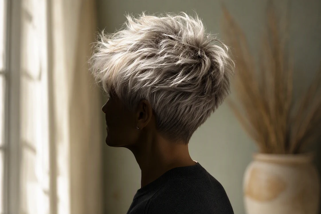 Backlit profile of a textured white-silver pixie cut showing root lift and a soft tailored neckline