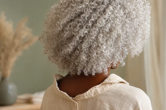 Glossy silver-white coily curls with a cool tone and no yellow cast, viewed from behind