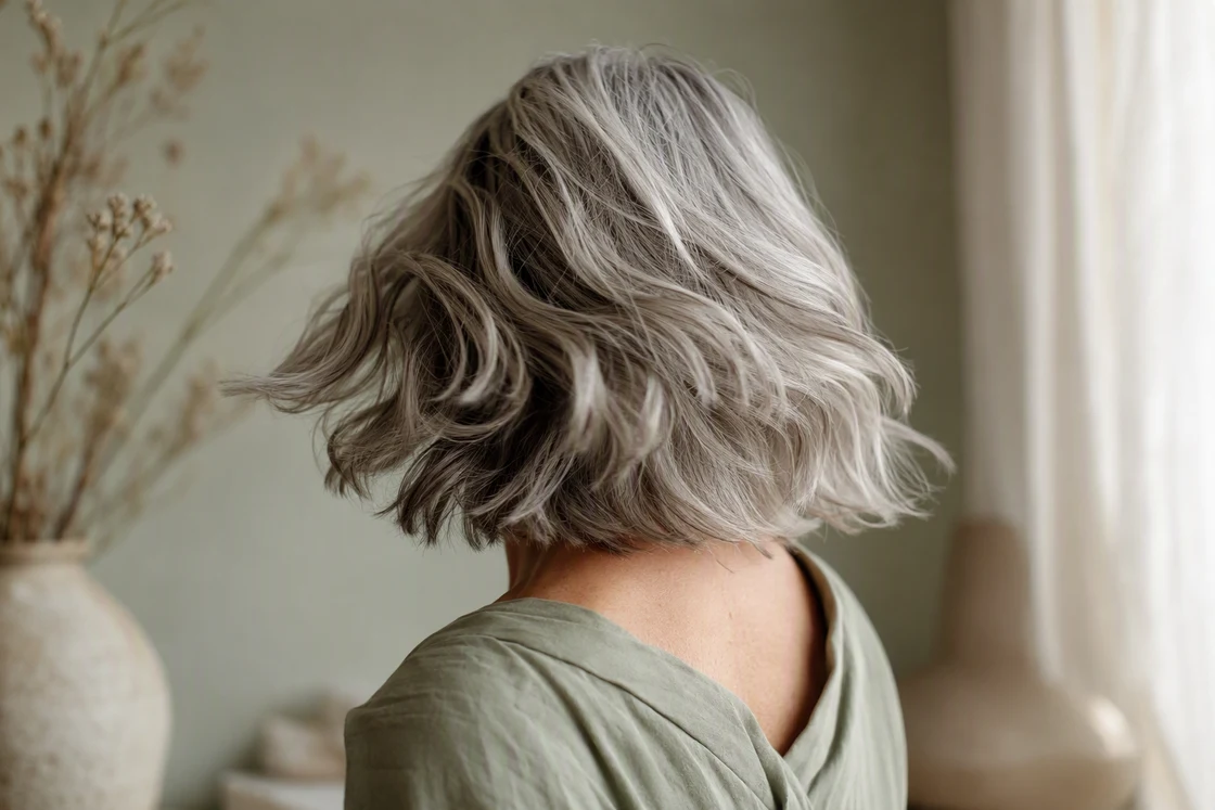 Silver-gray wavy lob swinging in motion, seen from behind with a substantial collarbone-length hemline