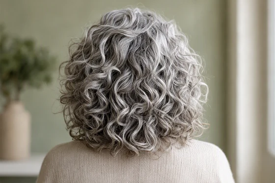 Curly silver-gray hair with slate lowlights woven through defined shiny curls, seen from behind