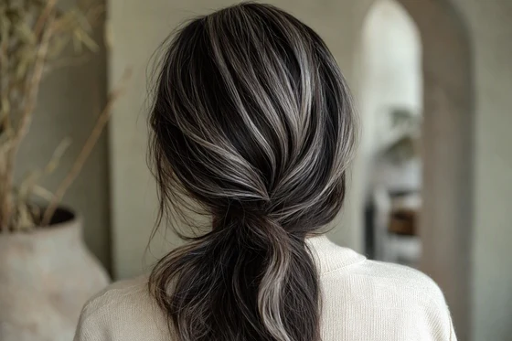 Dark espresso brown hair blended with cool silver-smoke highlights woven from the part, viewed from behind