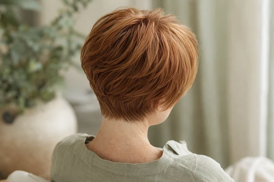 Soft long pixie on fine copper hair seen from behind, showing crown lift and graduated nape