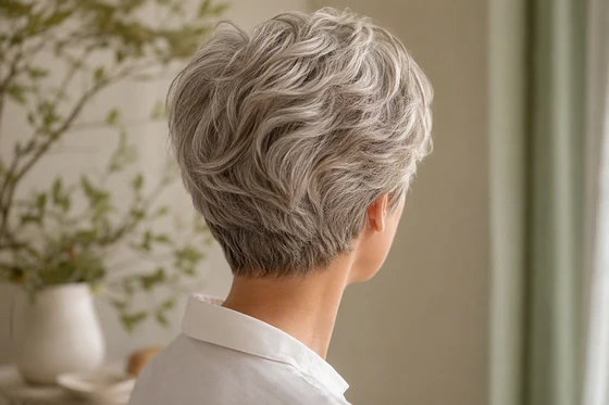 Three-quarter back view of a soft long pixie on fine silver hair with wave and crown lift