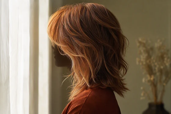 Backlit profile of a wavy copper soft shag with short crown layers and a long curtain fringe
