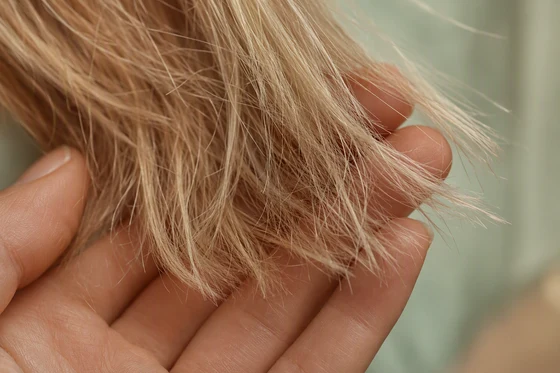 Close-up of pale blonde hair ends with visible split ends and thin weathered tips