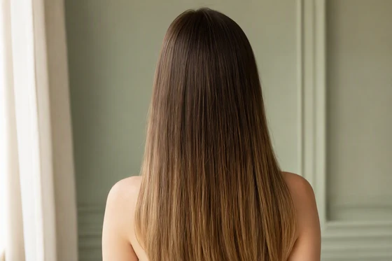 Straight medium-brown hair with caramel color two levels lighter blending softly from darker natural roots, from behind