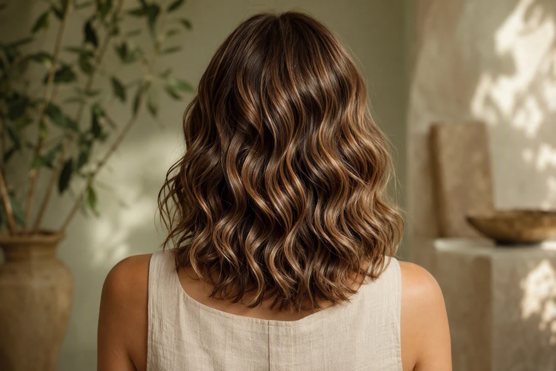 Back view of shoulder-length golden-brown wavy hair with defined 2B S-shaped waves and smooth roots